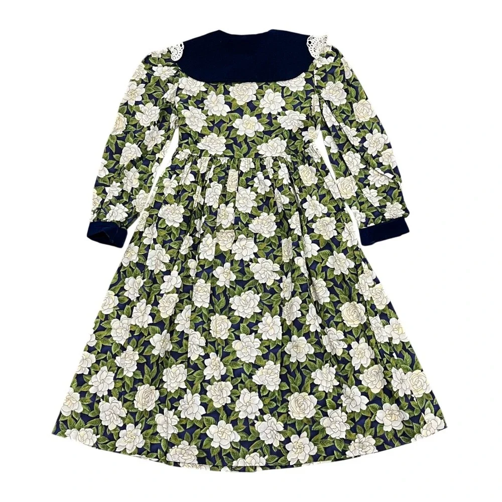 Bonnie Jean Dress Floral Velvet Navy Blue White Roses Lace Collar‎ Girls's 7